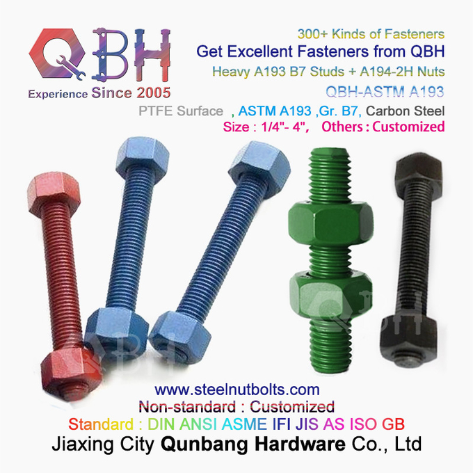 QBH PTFE 1070 Rouge/Bleu/Noir/Vert Revêtu 1/4"-4" ASTM A193 B7 Goujon à tige filetée avec écrou hexagonal lourd A194-2H 3