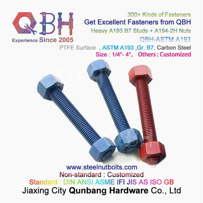 QBH PTFE 1070 Rouge/Bleu/Noir/Vert Revêtu 1/4"-4" ASTM A193 B7 Goujon à tige filetée avec écrou hexagonal lourd A194-2H 2