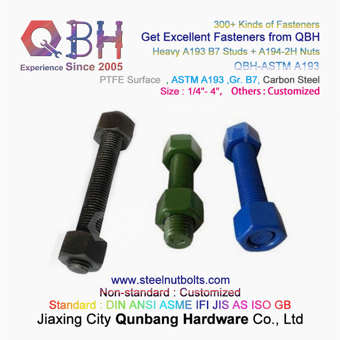 QBH PTFE 1070 Rouge/Bleu/Noir/Vert Revêtu 1/4"-4" ASTM A193 B7 Goujon à tige filetée avec écrou hexagonal lourd A194-2H 0